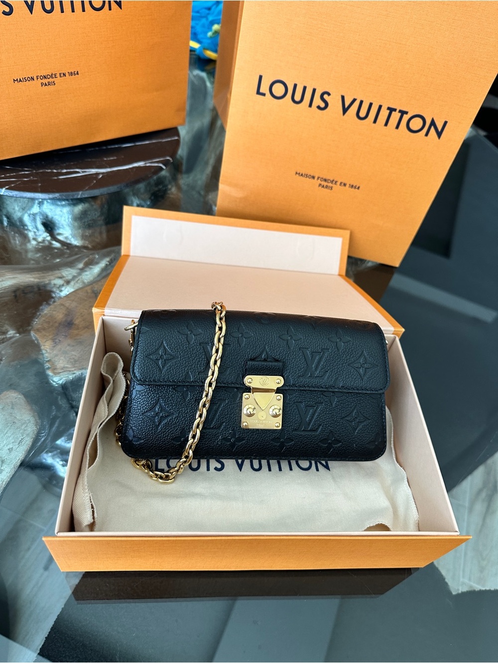 Louis Vuitton Black Monogram Embossed Leather Crossbody with Gold Chain